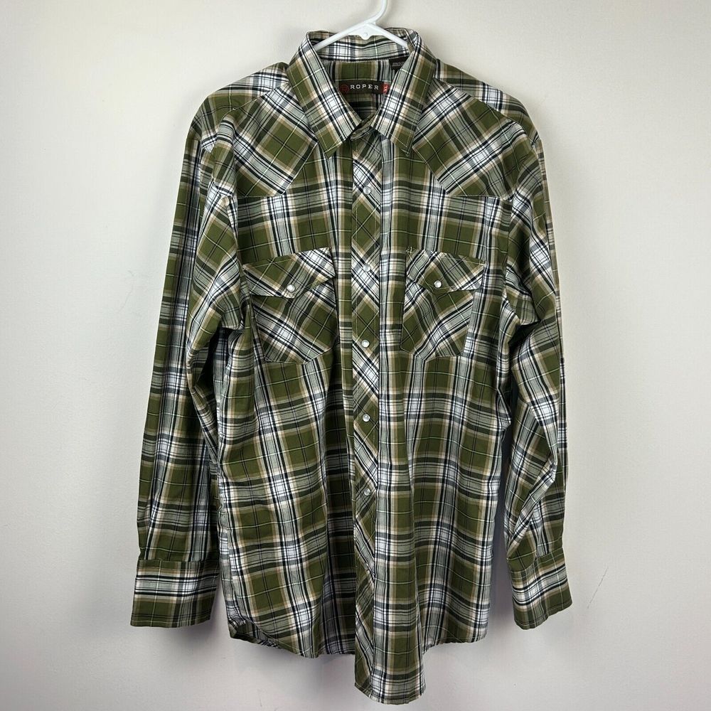 Roper Green White Plaid Pearl Snap Cowboy Western Shirt XL - Picture 4 of 12